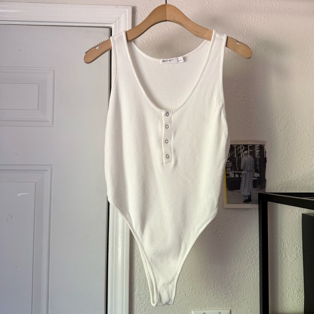 THE LINE BY K white cotton waffle thermal soft scoop neck sleeveless bodysuit
